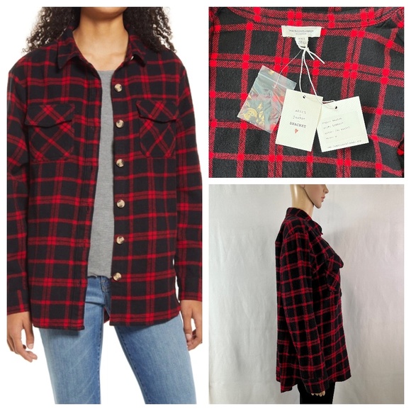 NWT beachlunchlounge Heavy Flannel Easton Shacket in Ski Patrol Plaid - Picture 1 of 11